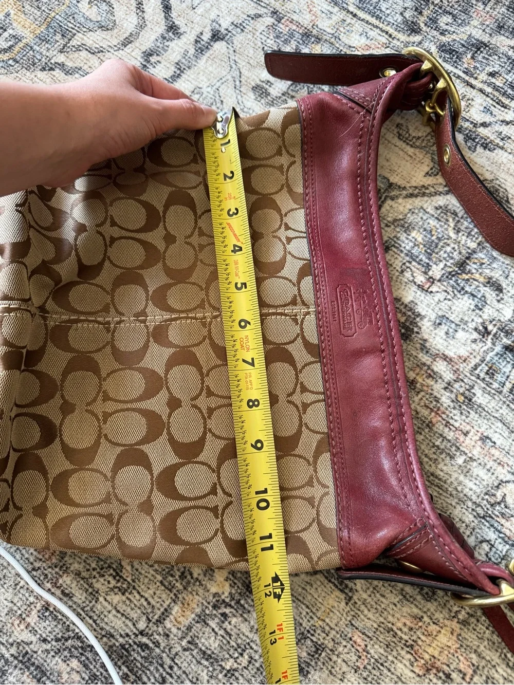 Coach Signature Canvas Bucket Bag with Burgundy Leather Trim